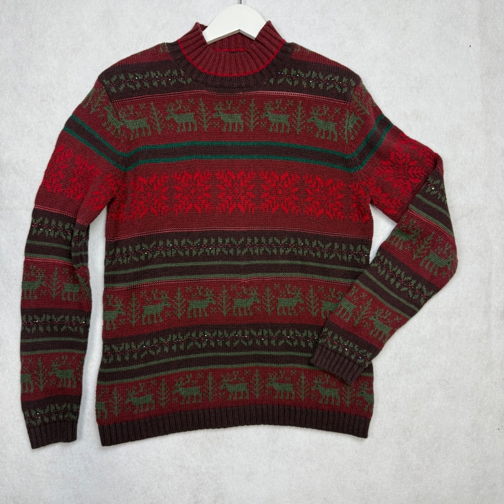 Vintage Talbots Women's Fair Isle Mock Neck Knit Sweater Size S Y2K Moose Patter
